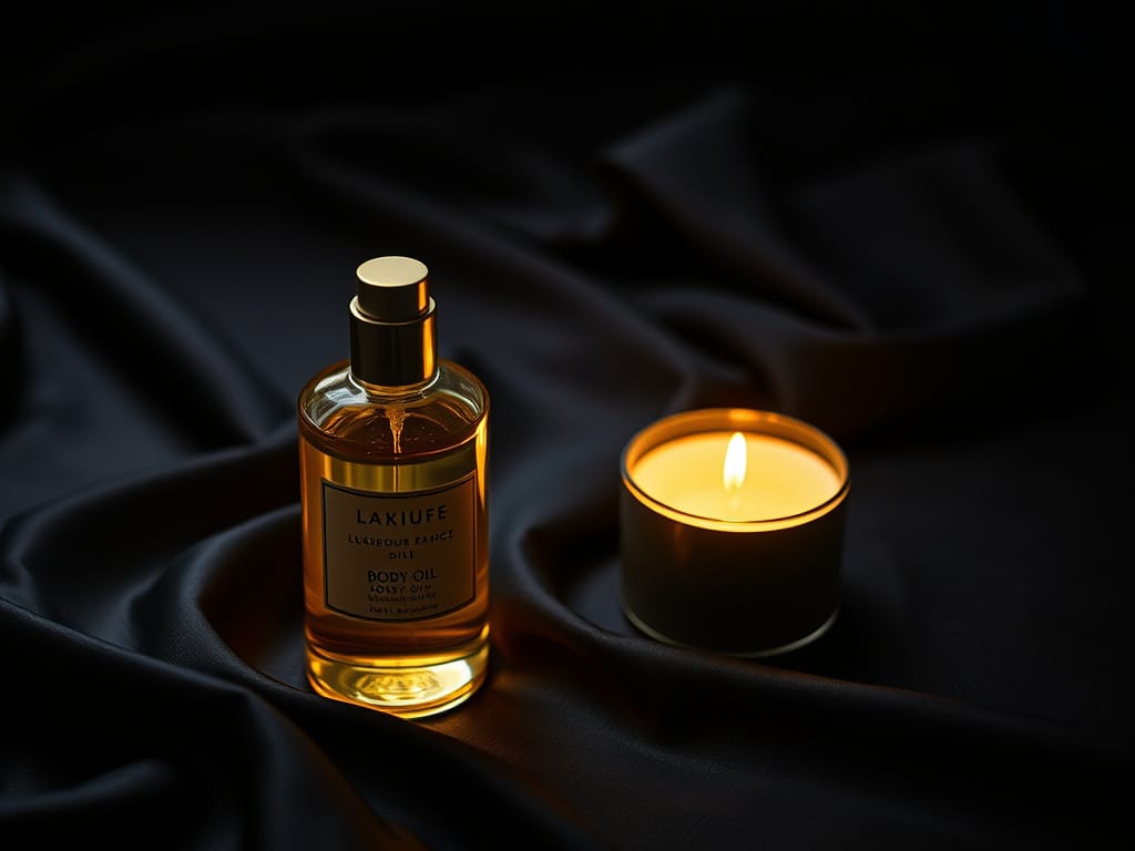 A bottle of sensual massage oil next to a candle